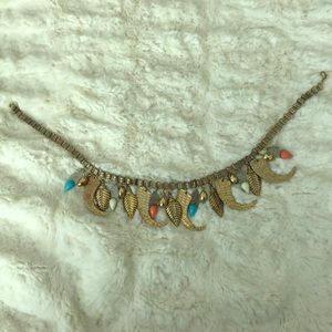 Vintage Brass Leaf, Horn, and Stone Necklace